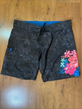 burnside Black Board Shorts with Pink & Blue Floral Accent